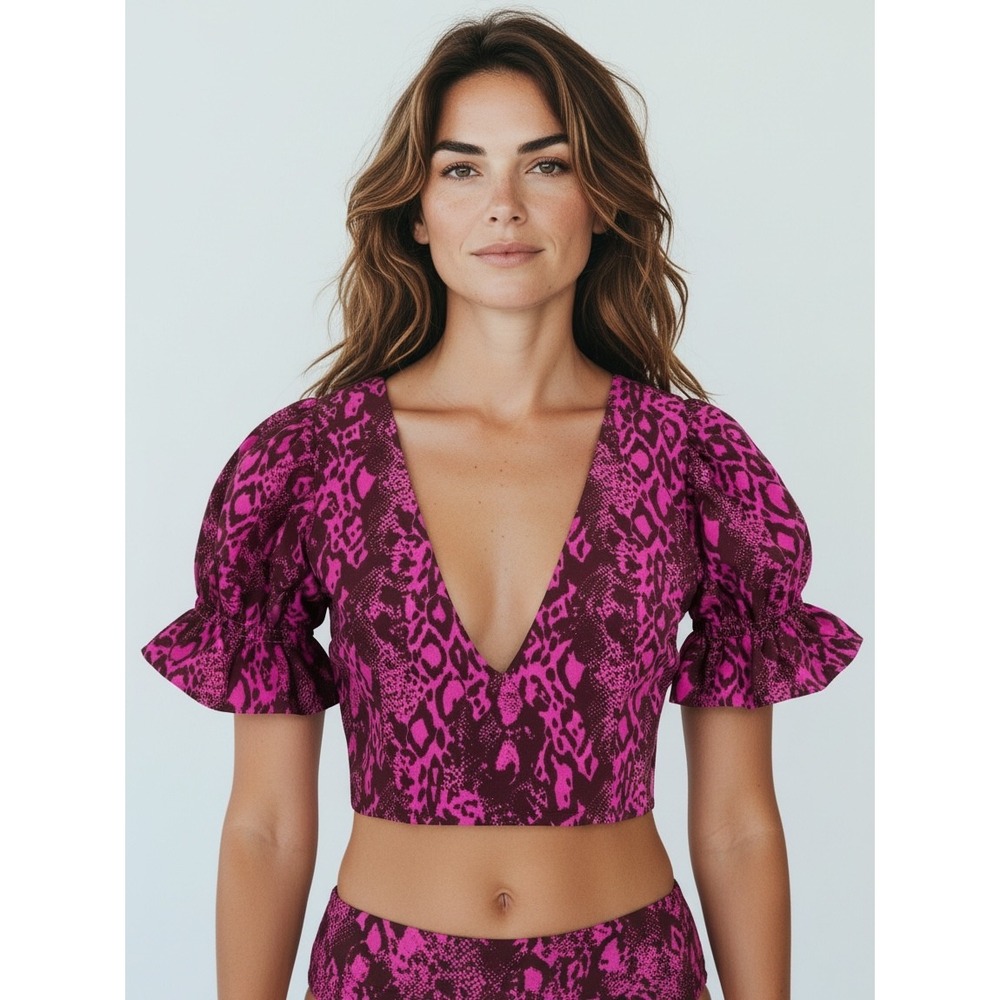 Maaji Snake Print Ruffle Puff Sleeve Bikini Swim Top Pink Purple‎ Size L